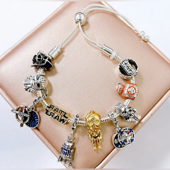 Star Wars Jewelry - 925 Sterling Silver Plated Star Wars Characters Themed Loaded Charm Bracelet